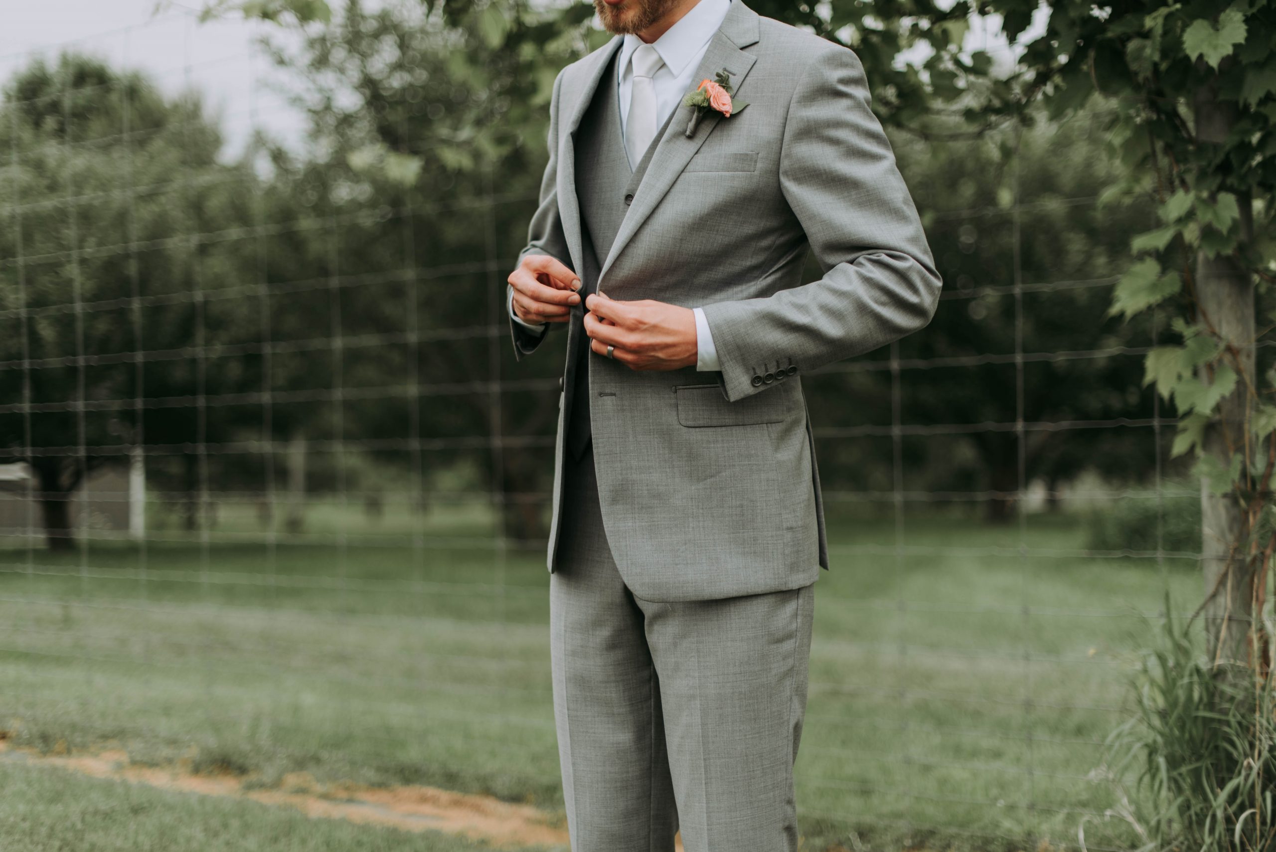 man in gray wedding suit